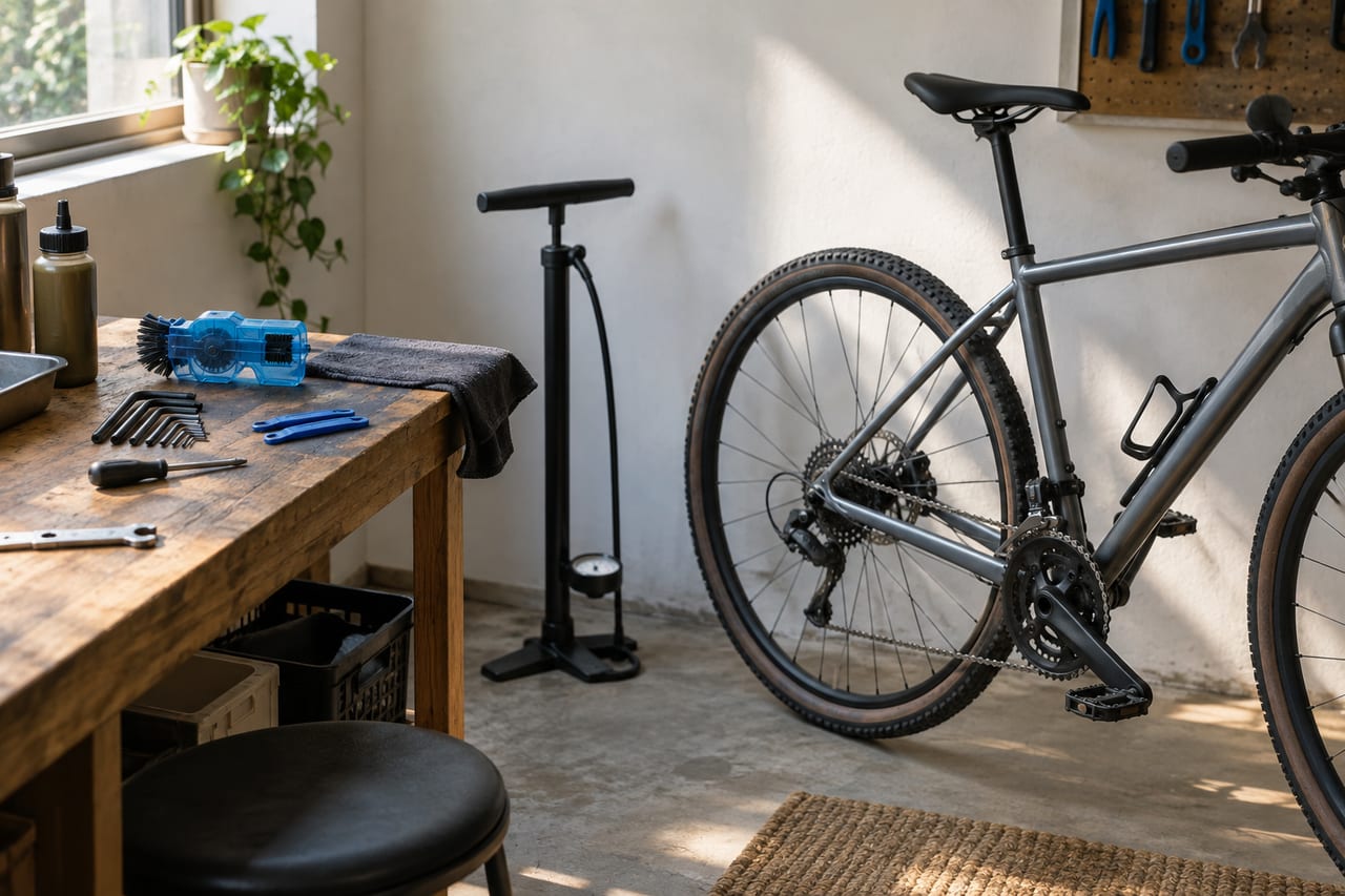 Original editorial illustration of a bicycle maintenance corner with pump and cleaning tools