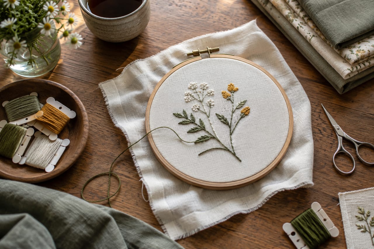 Original editorial illustration of a hand embroidery workspace with fabric, hoop and colorful thread