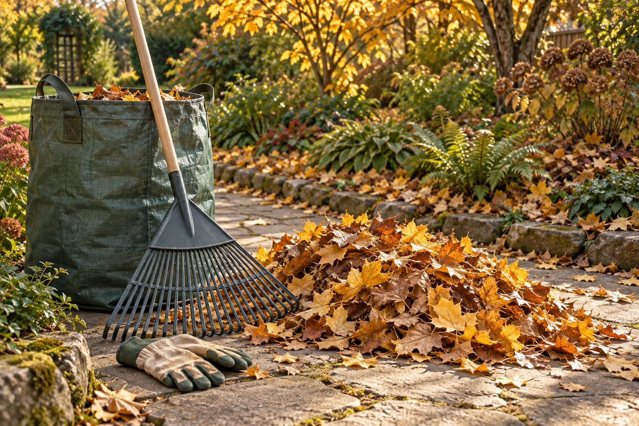 AI-generated editorial illustration of a rake, gloves and reusable yard bag beside autumn leaves, not the linked products