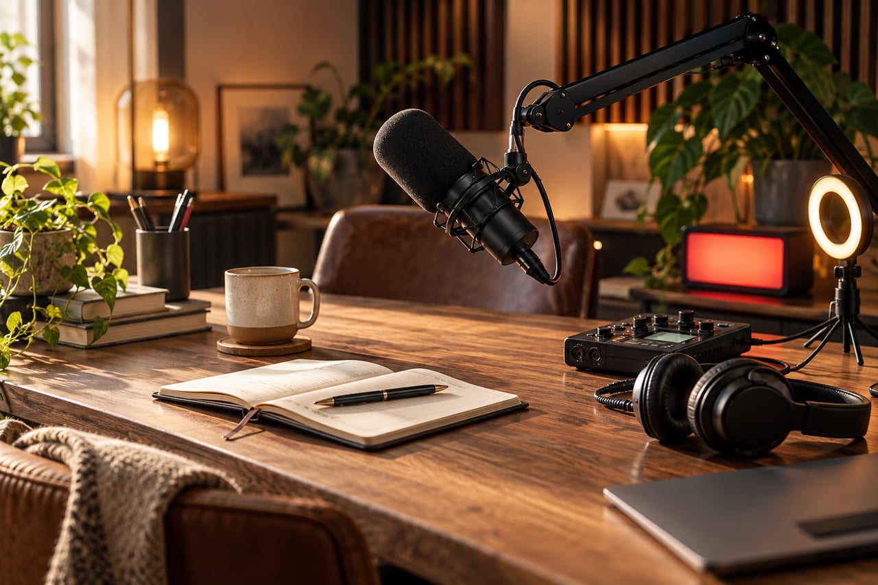 Original editorial podcast studio with microphone, recorder, headphones, planner and ring light