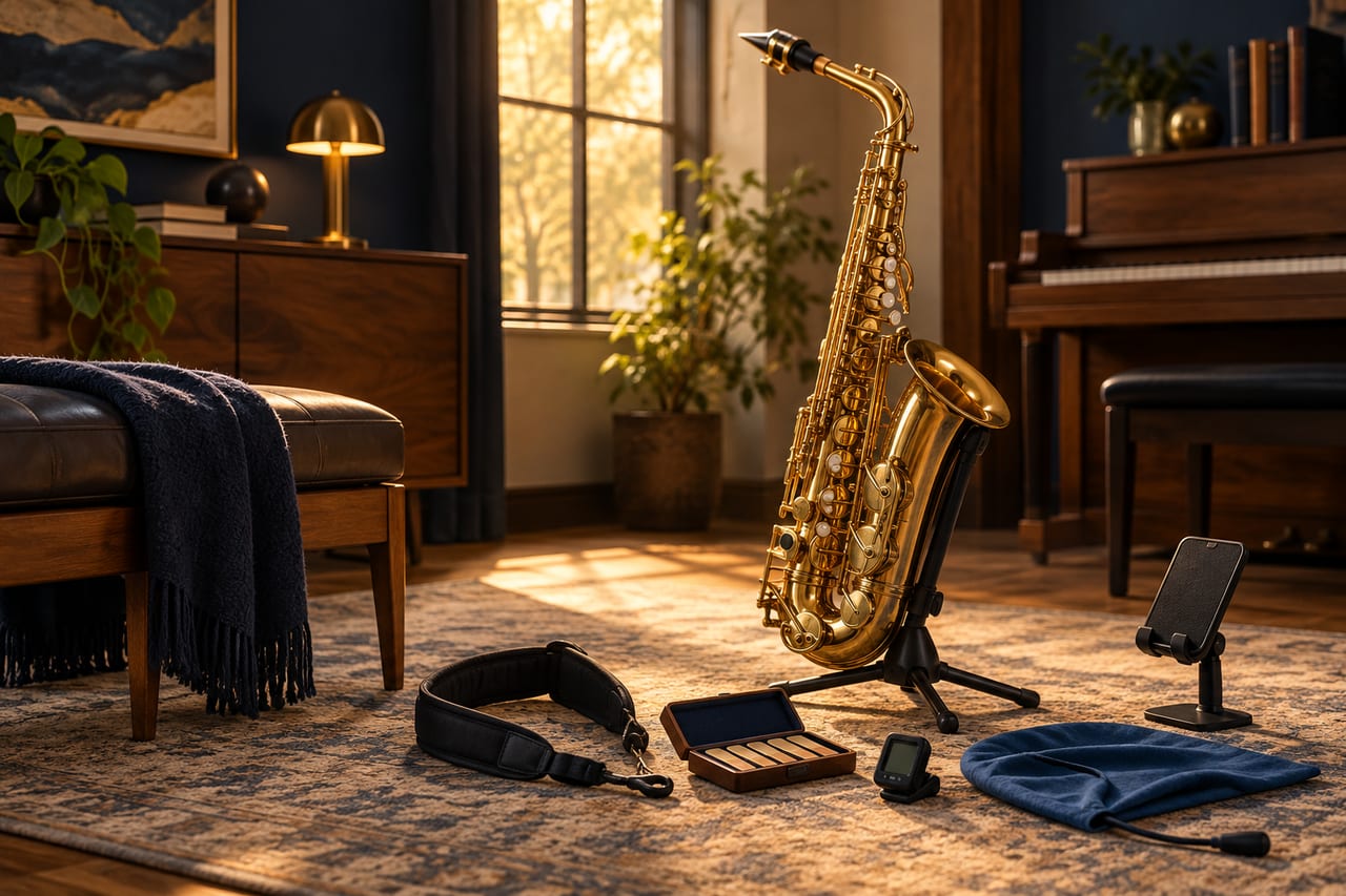 Original editorial music room with saxophone, neck strap, tuner, reed case, cleaning cloth and phone holder