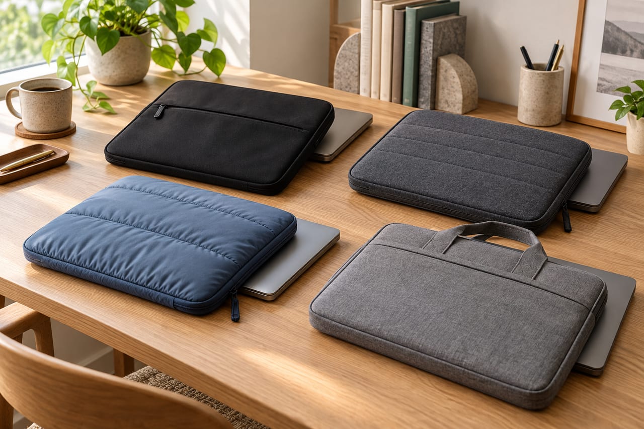 Original editorial comparison of black, charcoal, blue puffy and handled gray laptop sleeves on a desk