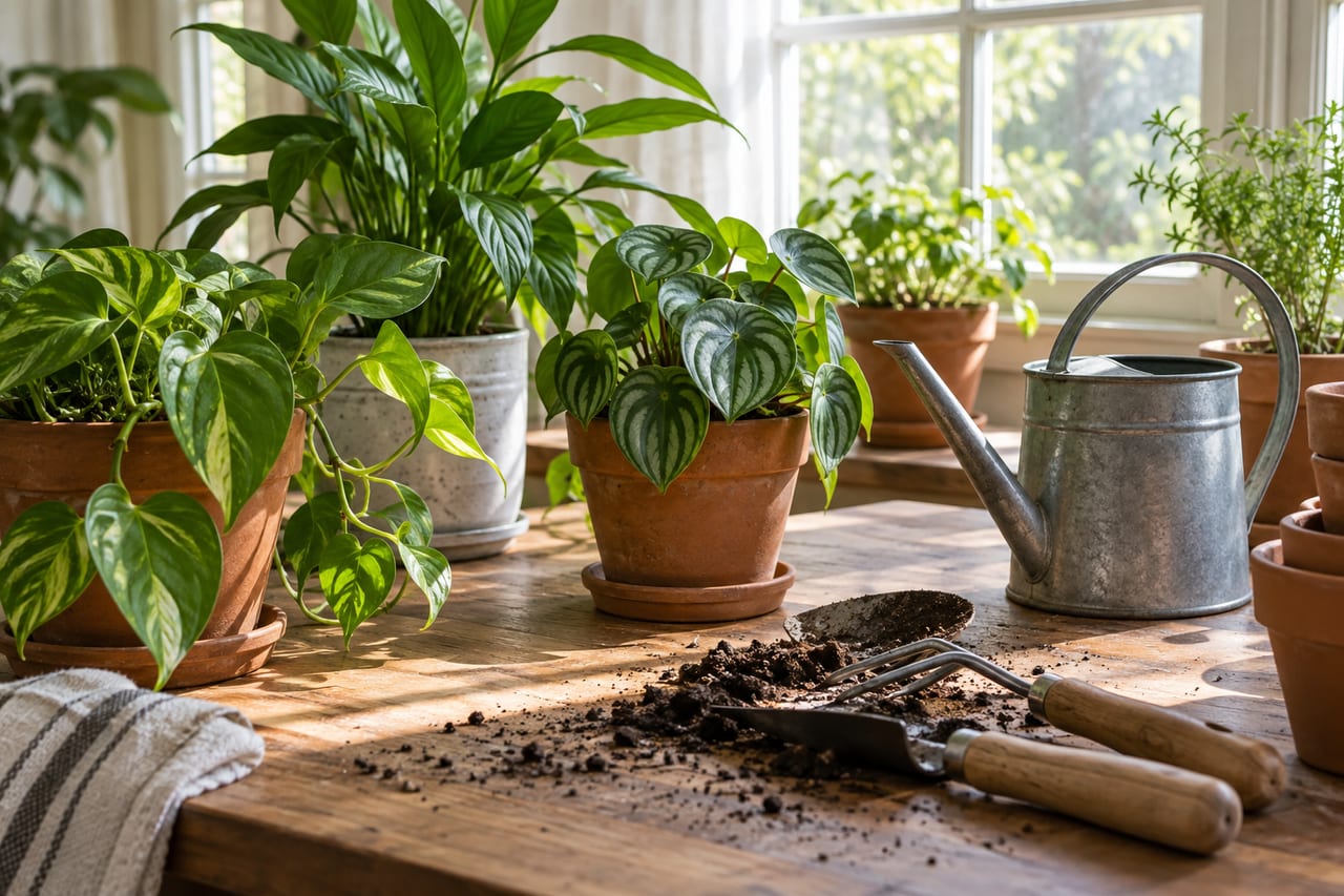 Original editorial illustration of houseplants, pots and small repotting tools