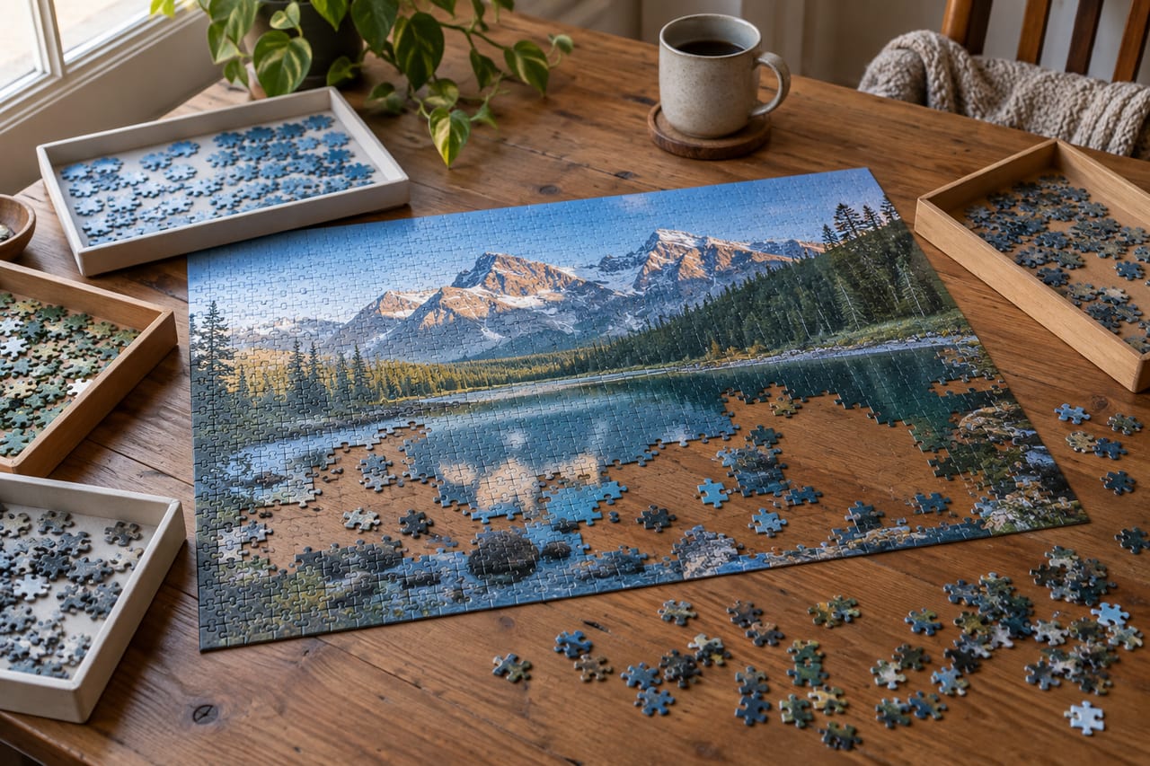 Original editorial illustration of a partially completed jigsaw puzzle and sorting trays