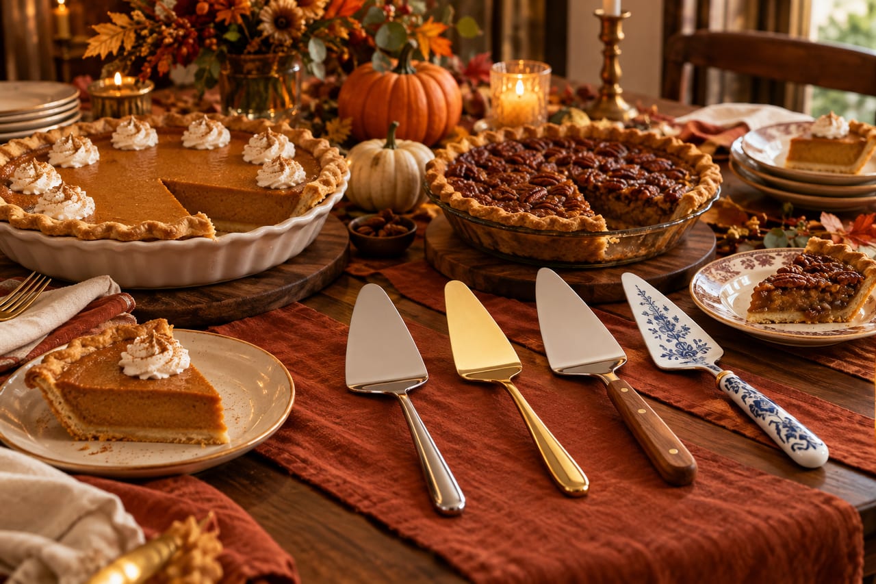 Original editorial Thanksgiving dessert table with pumpkin and pecan pies and several pie servers