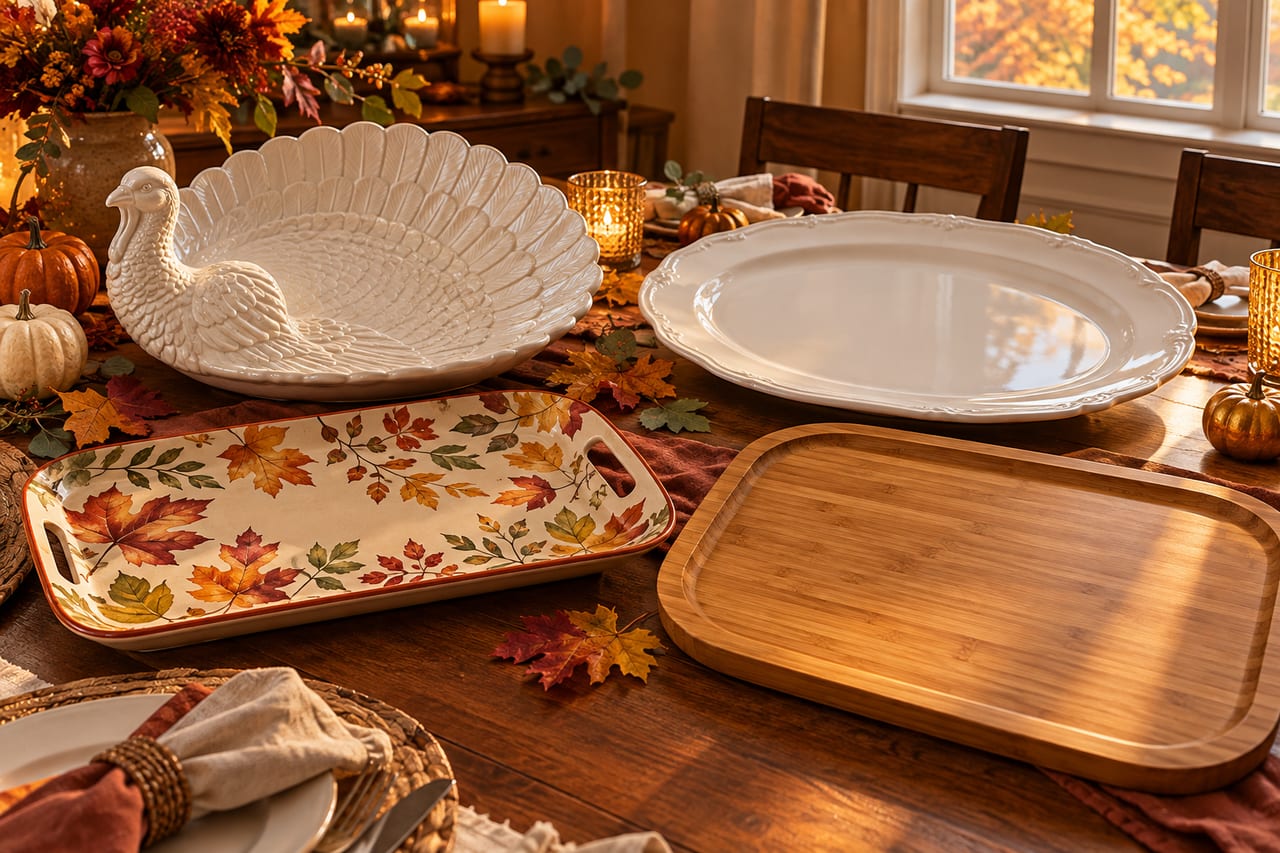 Original editorial Thanksgiving table with turkey-shaped ceramic platter, white oval platter, autumn tray and bamboo board