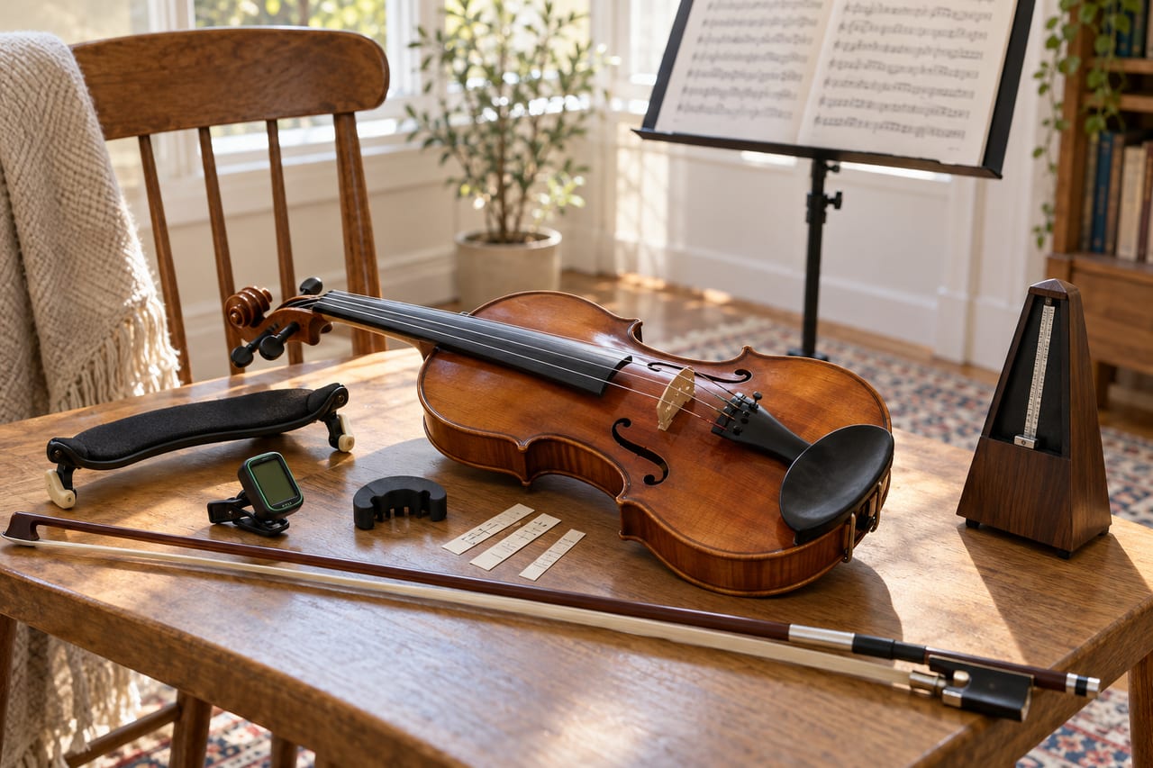 Original editorial violin practice setup with bow, shoulder rest, tuner, metronome, mute and finger guides