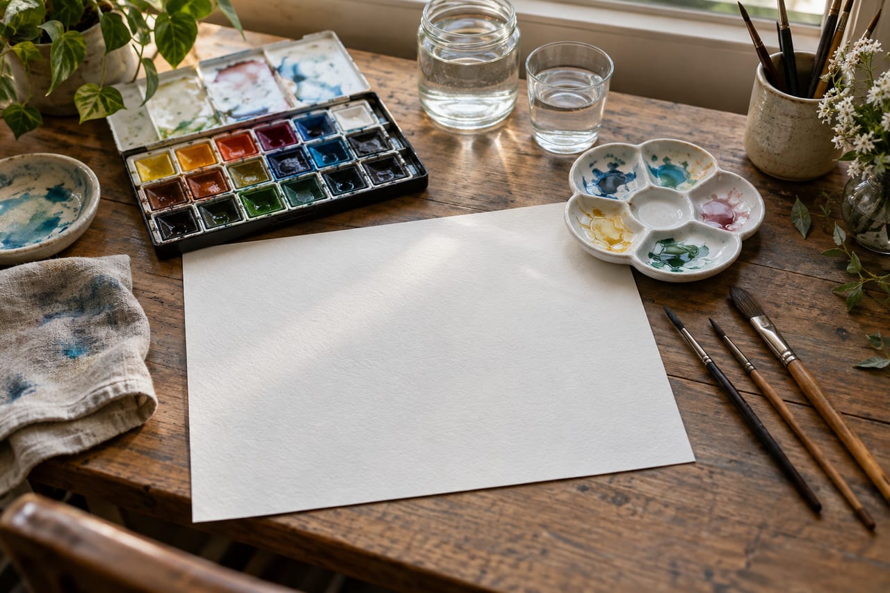 Original editorial illustration of watercolor paper, paints, palette and brushes on a desk